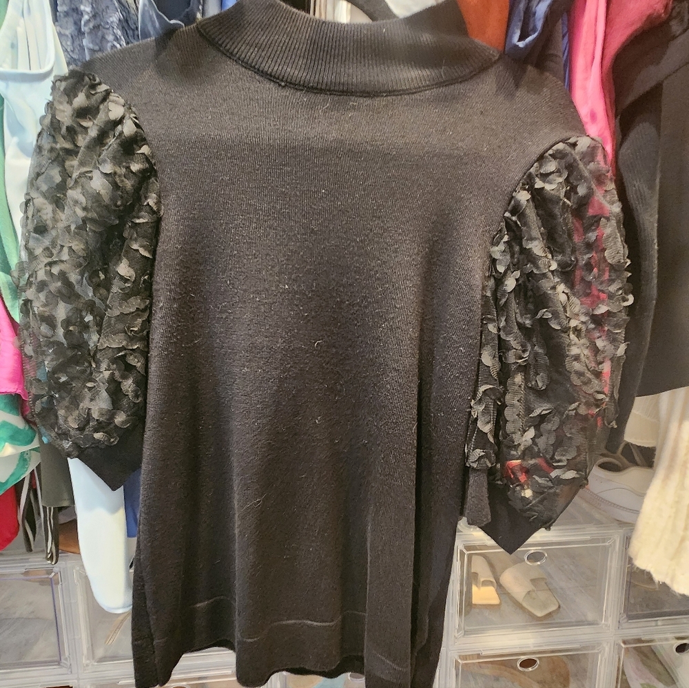 Catherine Malandrino Black Knit Top, High Neck, Puffy Lacy Sleeves, Feminine!